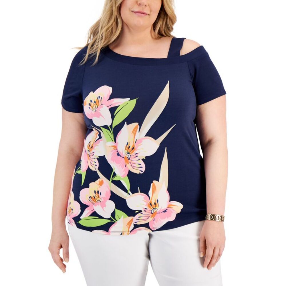 JM Collection Plus Size Floral Cold-Shoulder Top